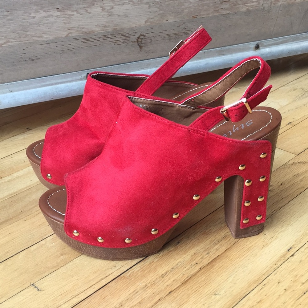 Red open toe clogs